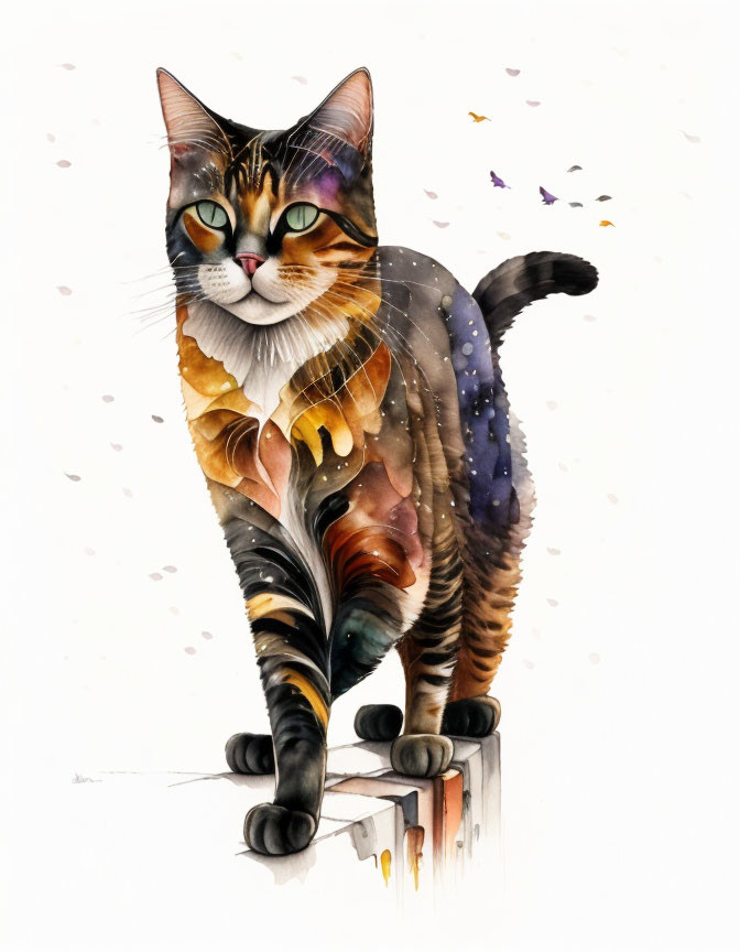 Colorful surreal cat with butterfly wings pattern on white surface