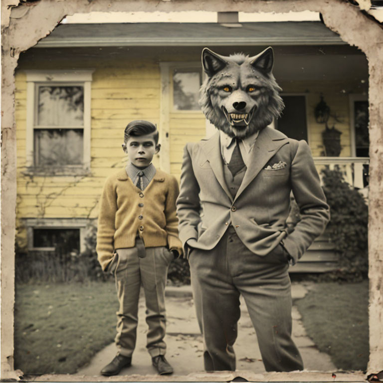 Vintage-style photograph: Child and adult in wolf mask, formal attire, yellow house