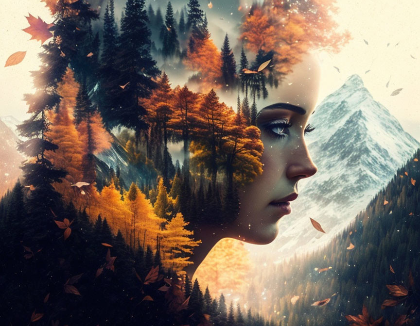 Woman's profile merged with autumn forest and mountains in digital montage