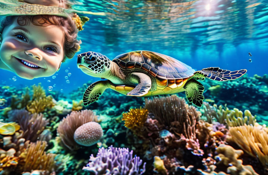 Smiling child's face on sea turtle near vibrant coral reef