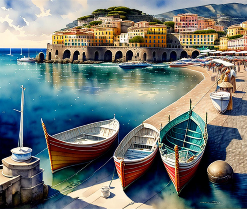 Sunlit Coastal Italian Village Painting with Colorful Buildings and Blue Sea