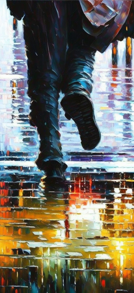 Colorful Painting: Person Walking on Wet Street at Night