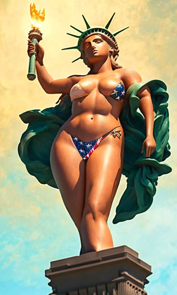 Statue of Liberty reimagined as bikini-clad woman with torch under blue sky