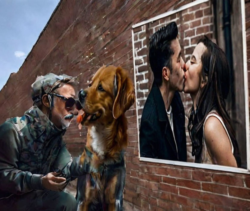 Soldier feeding ice cream to dog near kissing couple mural