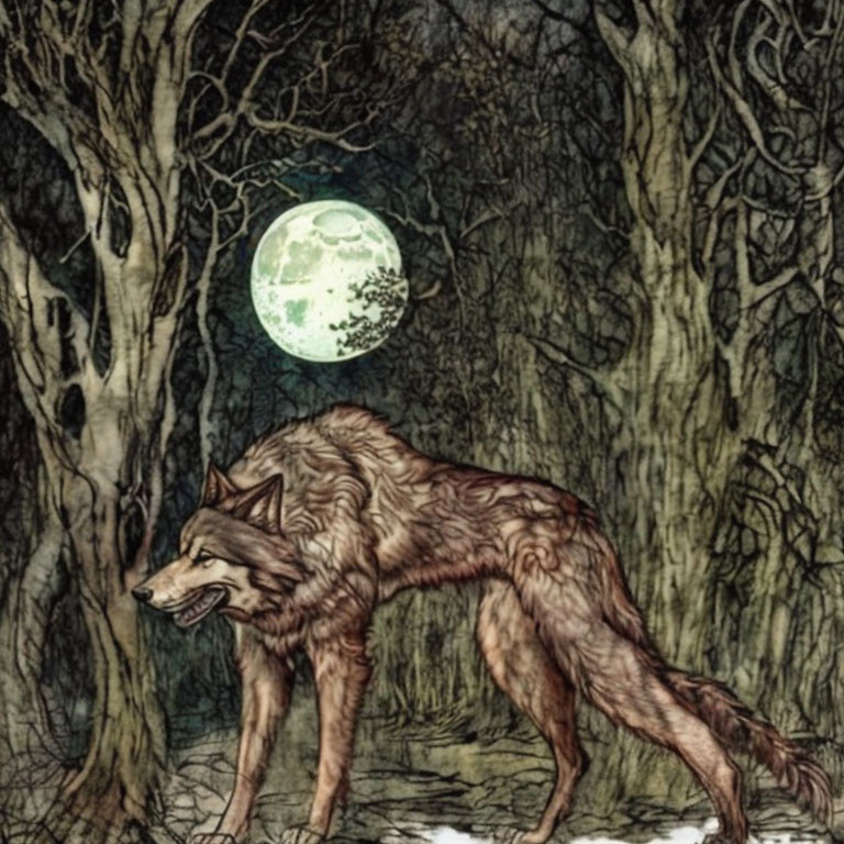 Wolf in moonlit forest with bare trees and large green full moon