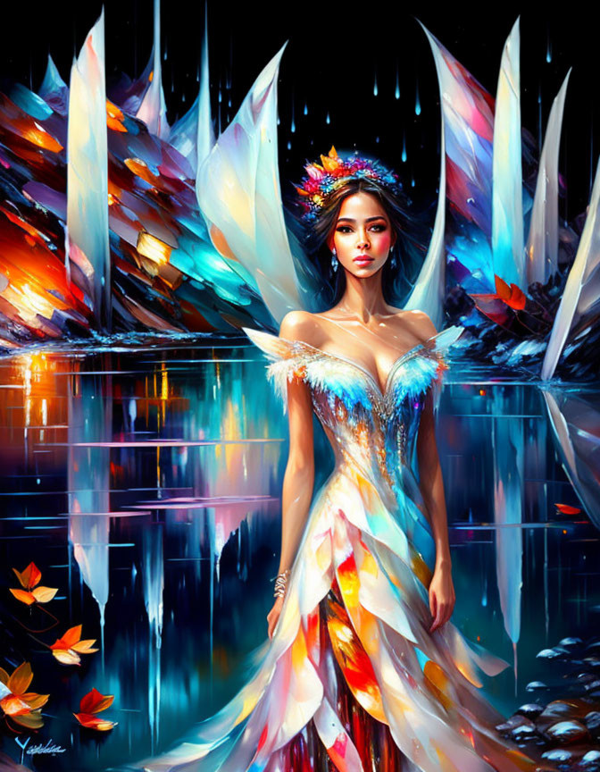 Colorful Woman by Reflective Water and Crystal Structures