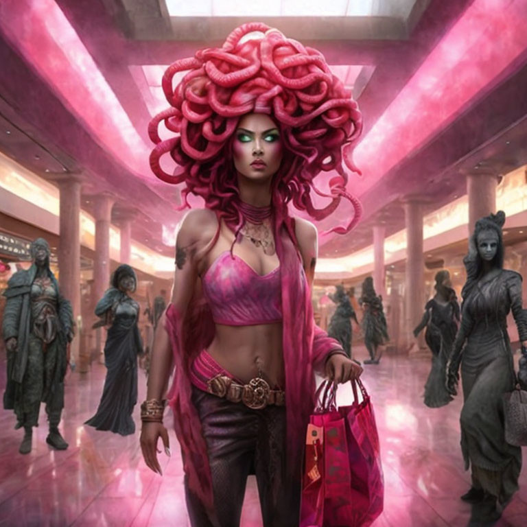 Fantasy woman with pink tentacle hair in futuristic mall