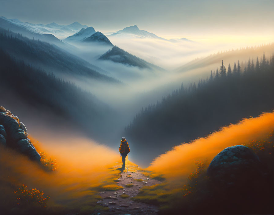 Solitary figure in serene landscape with misty mountains and glowing flowers