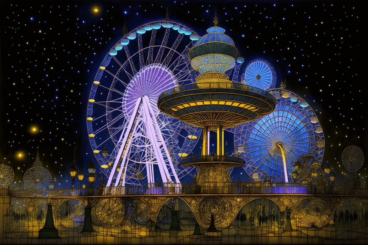 Illustration of illuminated fantasy theme park at night