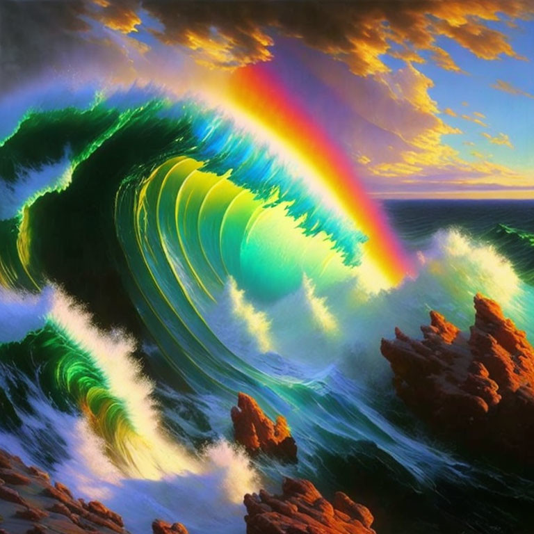 Colorful digital artwork: Massive wave with rainbow crashing against rocky cliffs