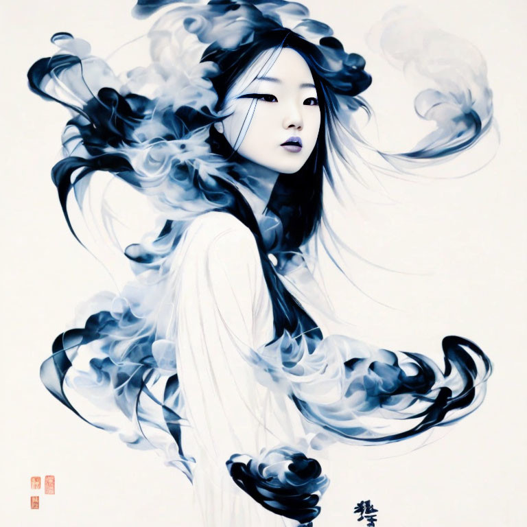 Monochromatic illustration of woman with flowing hair and garments blending with smoke-like patterns