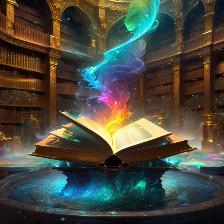 Vibrant swirls of light from open book in ornate library