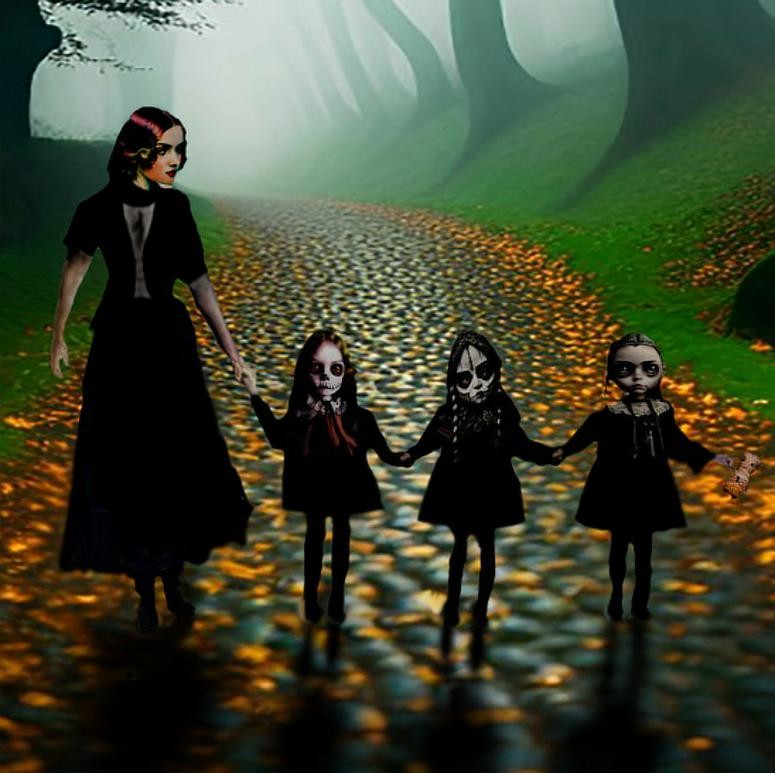 Four Goth girls and a rag doll