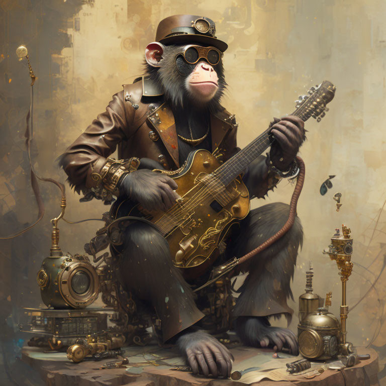 Steampunk chimpanzee with guitar and vintage gadgets in leather jacket