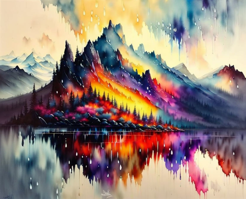 Mountain landscape watercolor painting with dreamlike reflection on lake