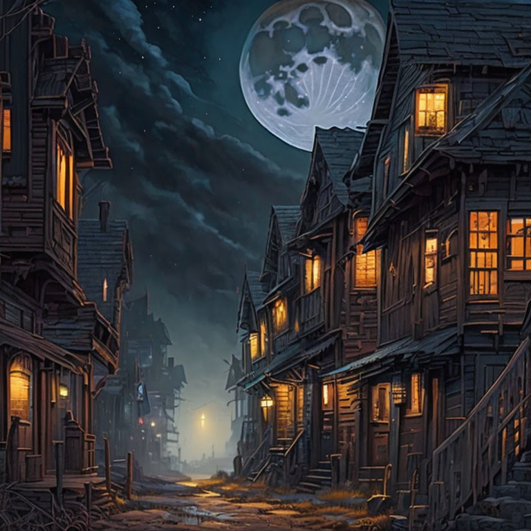 Moonlit Street with Crooked Houses and Starry Sky at Night