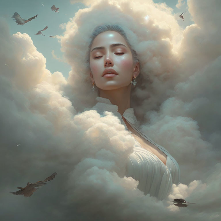 Tranquil woman surrounded by fluffy clouds and birds