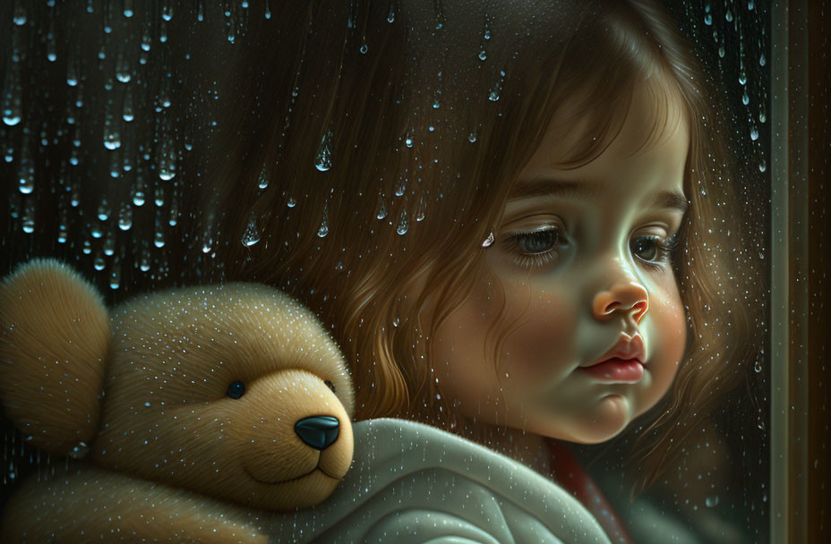 Child gazing out raindrop-streaked window with teddy bear