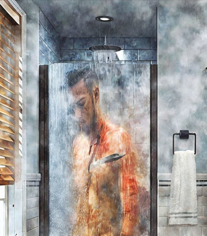 Man standing under streaming water in modern bathroom