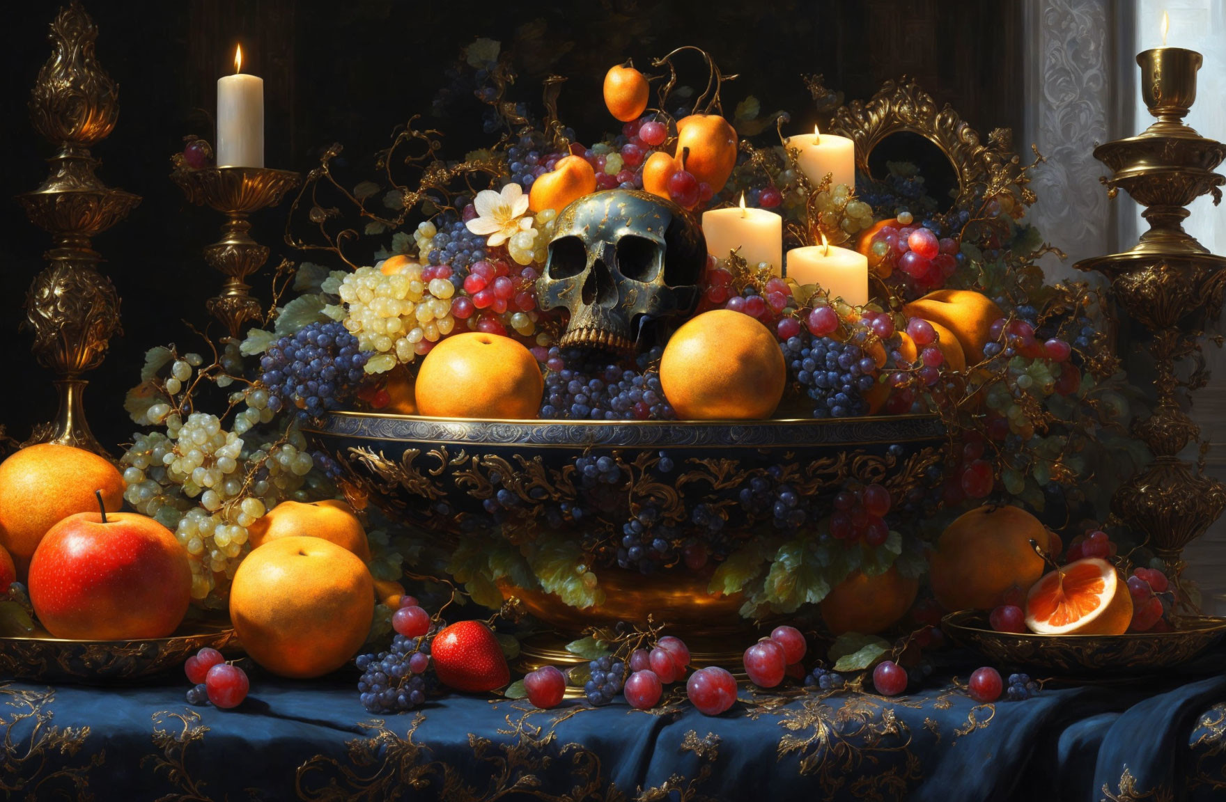 Classic Vanitas Still Life: Candles, Fruits, Skull on Ornate Bowl