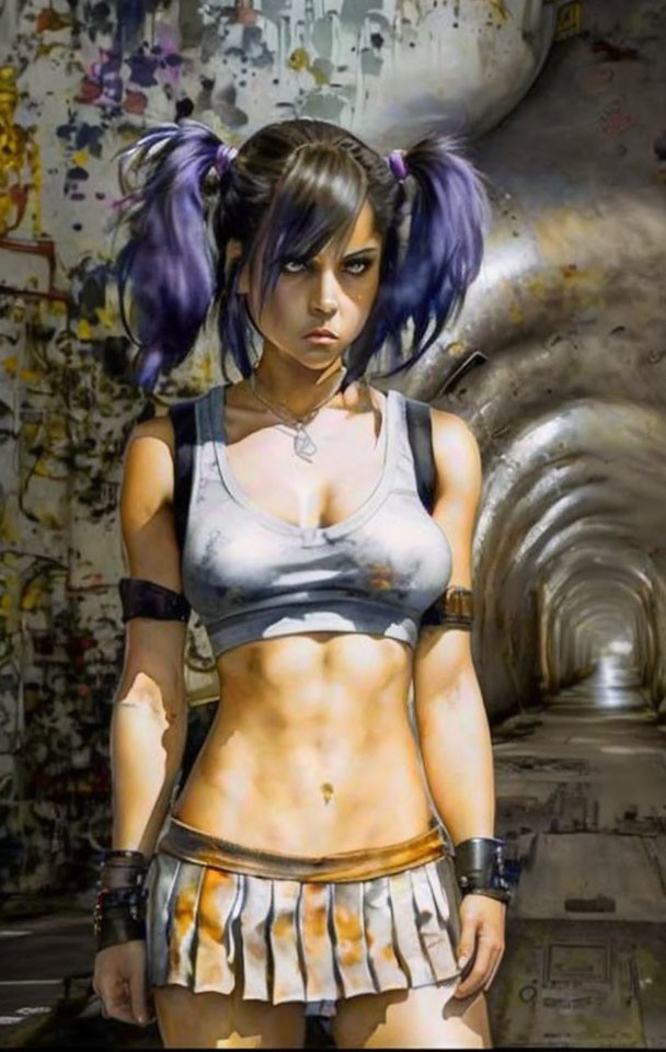 Digital artwork: Woman with purple pigtails, crop top, skirt, graffiti tunnel background