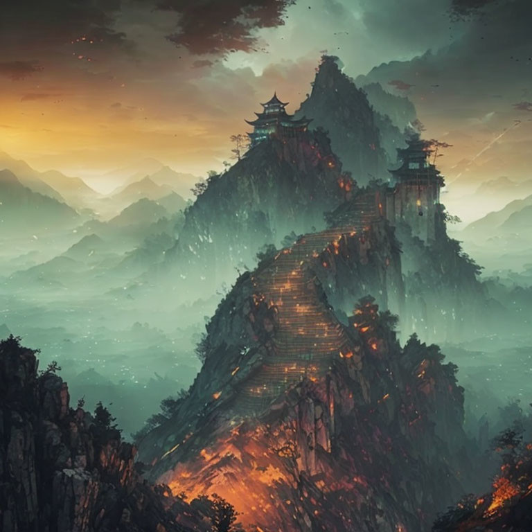 Mystical landscape with towering mountains and ancient pagodas
