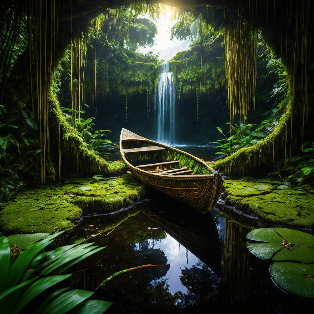 Tranquil forest pond with wooden boat, moss, foliage, and waterfall