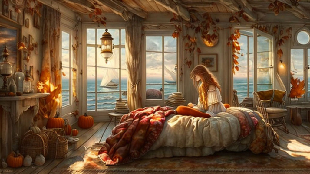 Autumn-themed room with woman by window overlooking sea and fall decorations