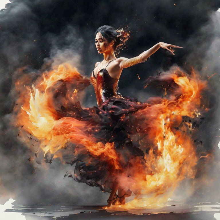 Expressive dancer in red dress surrounded by flames embodies grace and power