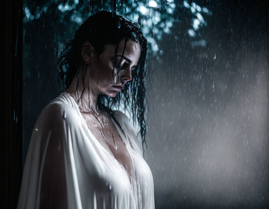 Drenched woman standing in rain with blurred lights