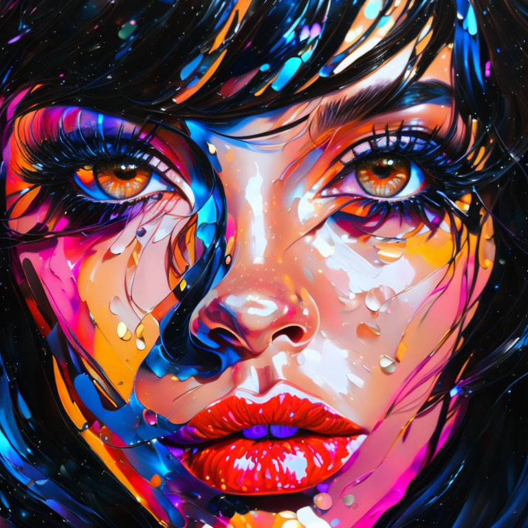 Colorful portrait of woman with striking eyes and dramatic makeup