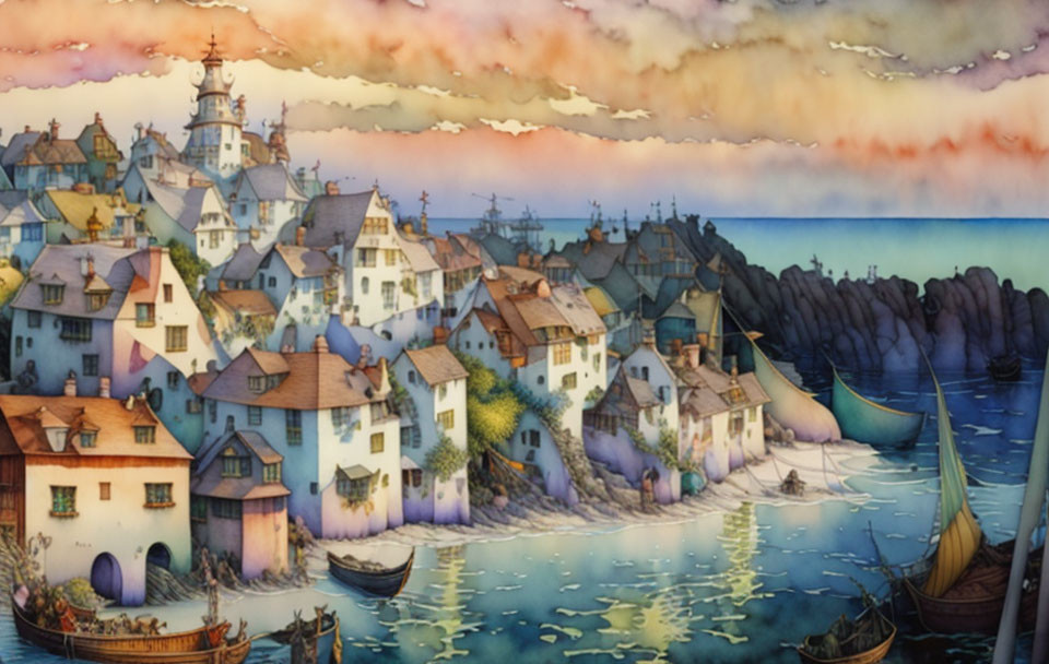 Whimsical coastal village with clustered houses and boats at sunset