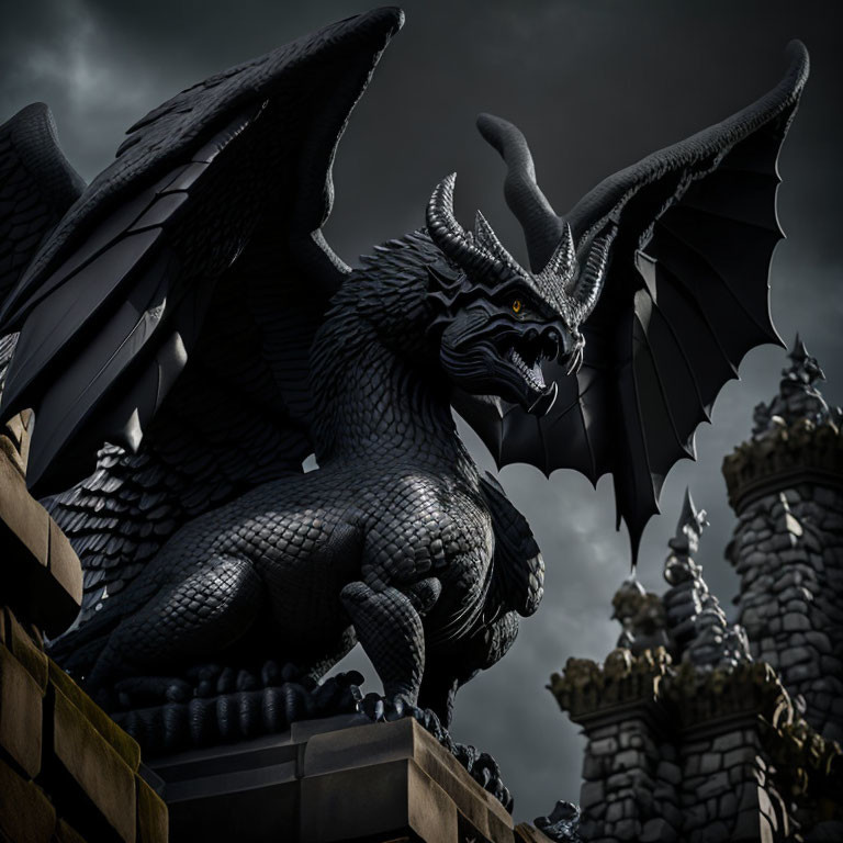 Black Dragon Statue on Stone Structure with Castle Spire Background