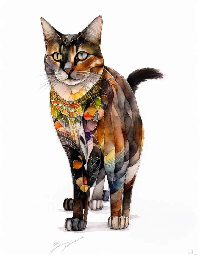 Vibrant stylized cat art with intricate patterns and jeweled necklace