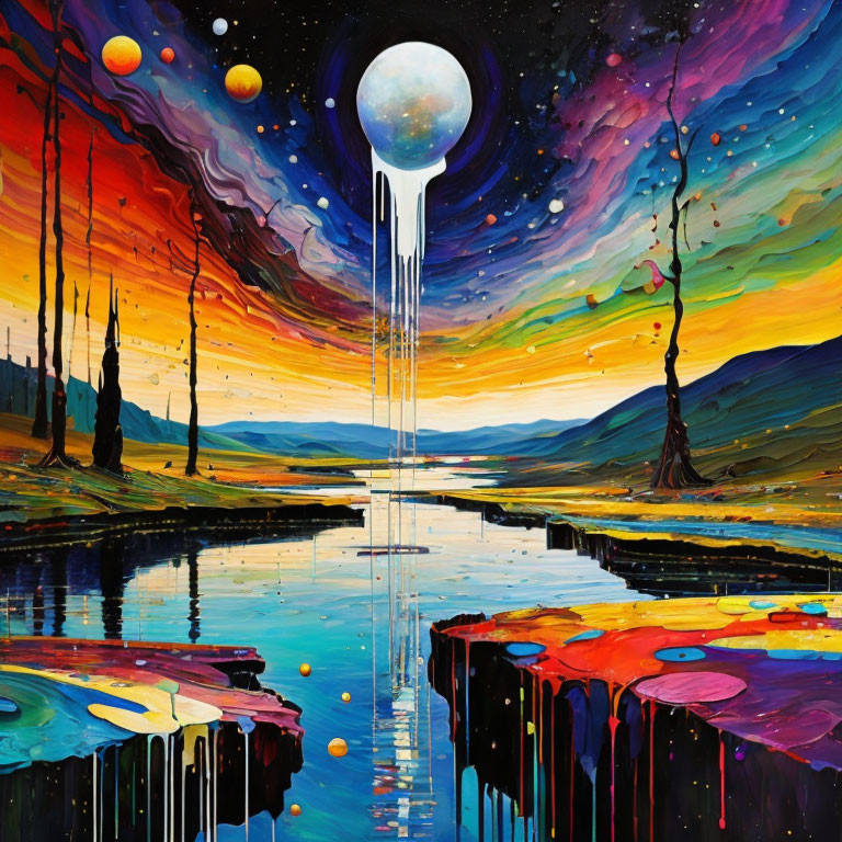 Colorful surreal landscape with melting moon, reflective river, whimsical trees