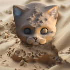 Realistic digital illustration of cat head emerging from sand with expressive eyes.