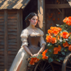 Vintage dress woman with orange roses and wooden hut painting