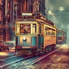 Vintage trams on cobblestone street with historic architecture under clear blue sky