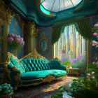 Luxurious Room with Turquoise Chaise Lounge, Golden Trim, Lush Plants, and Ornate