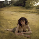 Woman in field of flowers with contemplative expression and house in the background.