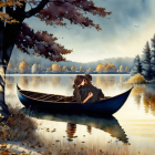 Couple enjoying canoe ride on peaceful autumn lake