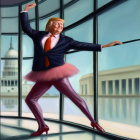 Digitally altered person in suit, pink tutu, high heels in ballet pose with cityscape background