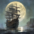 Vintage sailing ship under full moon near misty coastline