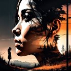 Digital artwork: Woman's profile merges with sunset landscape, trees, figure, mountains.