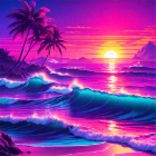 Vibrant beach scene: pink and purple skies, setting sun, crashing waves, silhouet