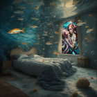 Woman's portrait in porthole window in underwater-themed bedroom