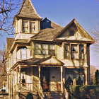 Victorian-style house illustration with turrets, balconies, and lush vegetation