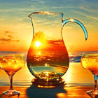 Pitcher and Glasses with Golden Liquid Silhouetted Against Ocean Sunset