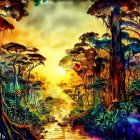 Colorful Jungle Sunset Watercolor Painting