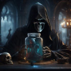 Skull-faced cloaked figure with candles and glowing jar at dark table